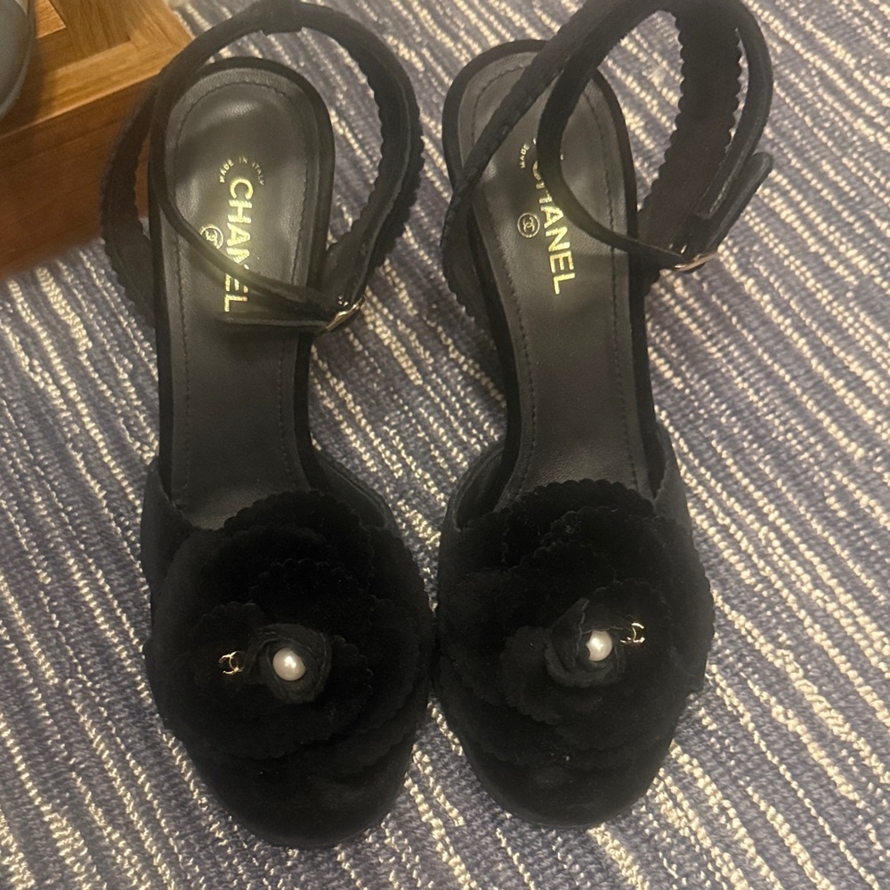 CHANEL Black Velvet Camellia Pearl Accent Heels